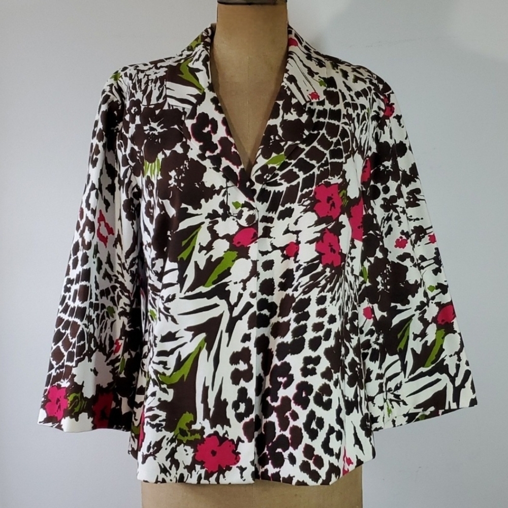 Chico's Size XL Jacket Bell Swing Kimono Sleeve Leopard Print Brown Pink Green